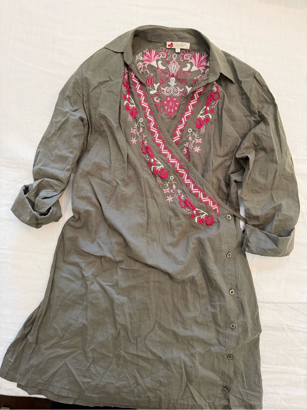 Embroidered Olive Tunic with Pink Accents